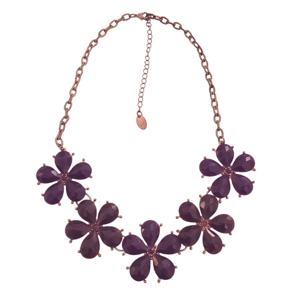 Etc! Purple Rhinestone Floral Statement Necklace Gold Tone Chain 18